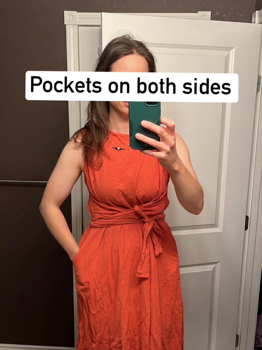 Women's Sleeveless 100% Cotton Tie-Waist crew neck long maxi dress in Yam Orange - Picture 4 of 16